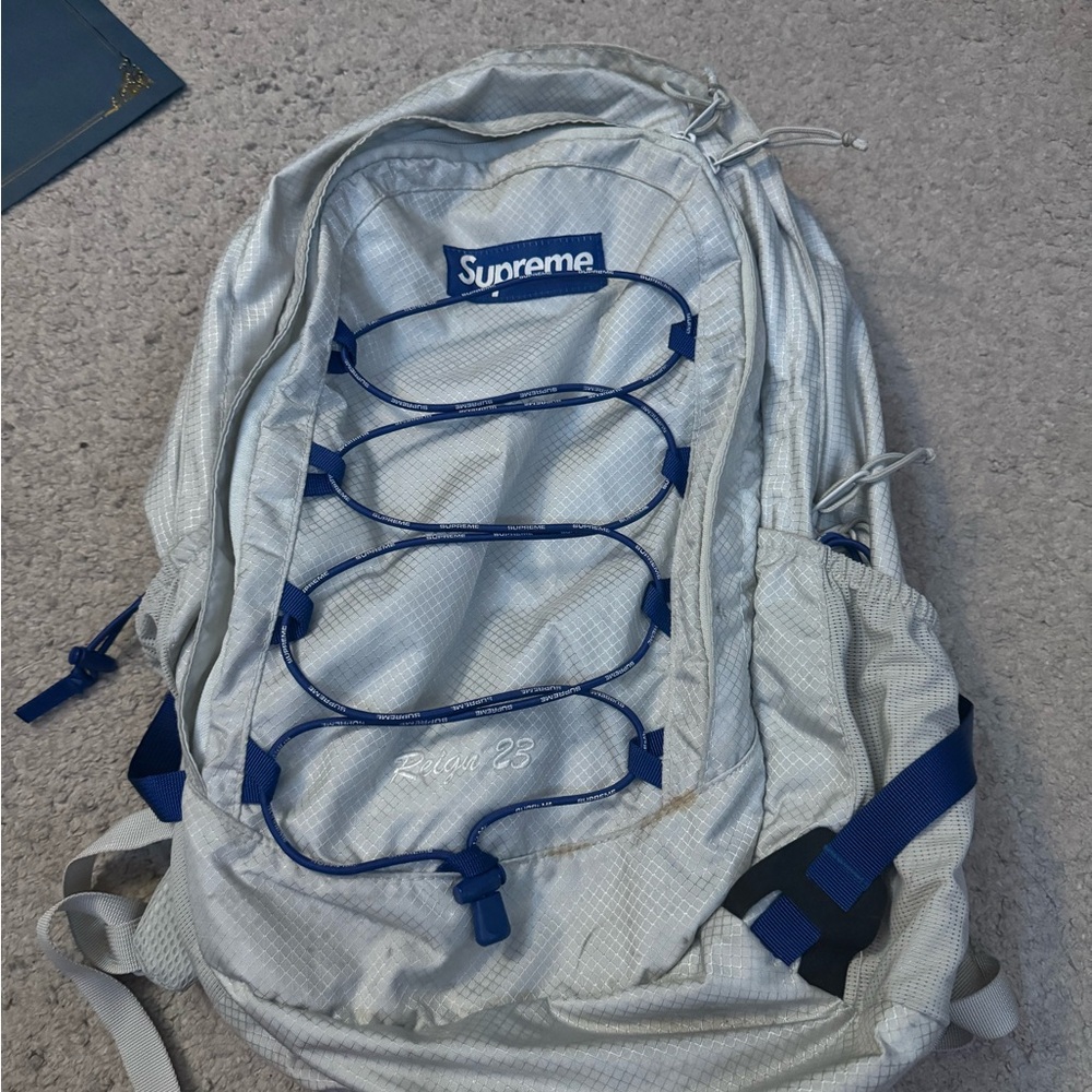 Supreme Silver and Blue Sporty Backpack with Zigzag Design